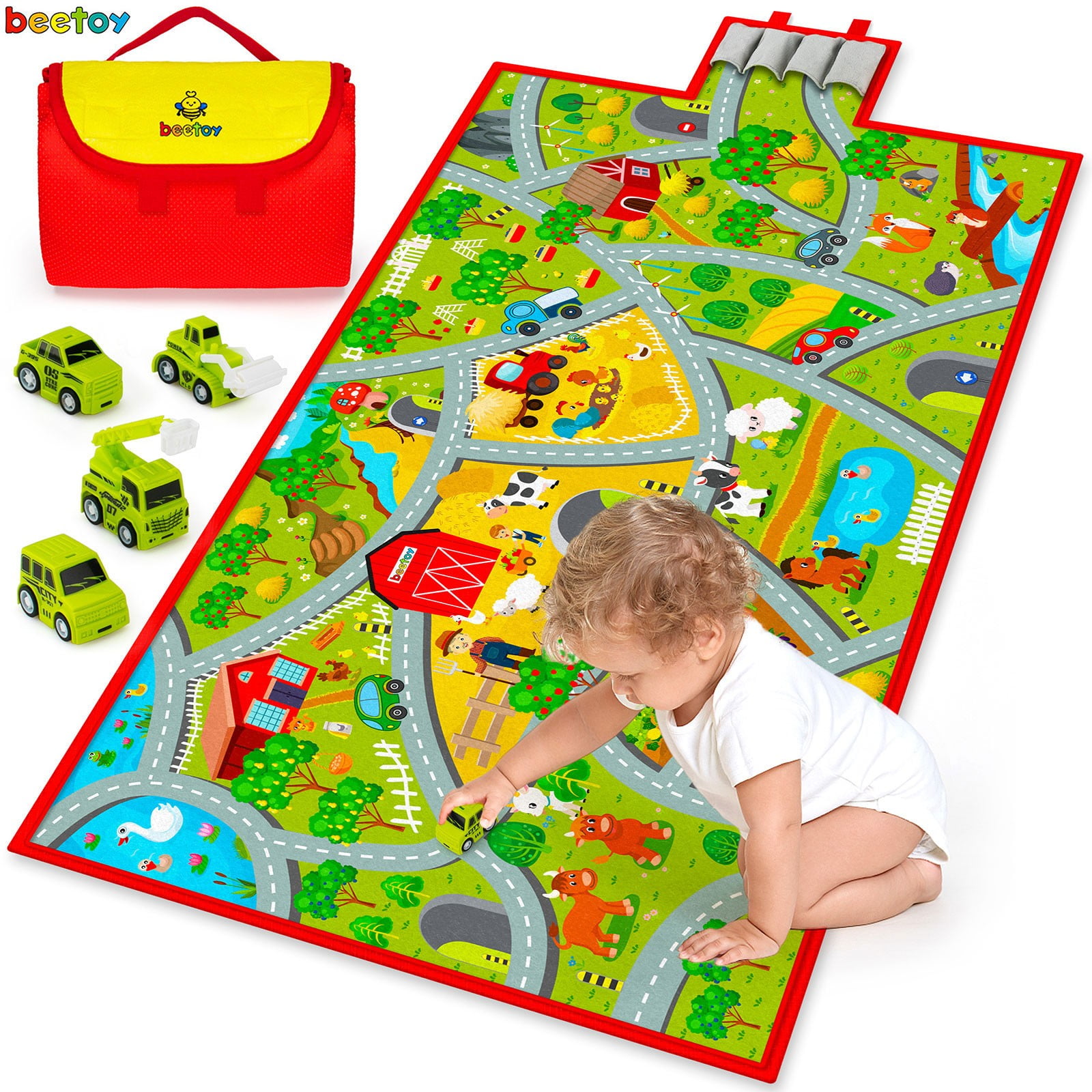 beetoy Farm Rug Play Mat, Farm Play Mat with 4 Toy Cars, Farm Mat for Kids Country Farm Life