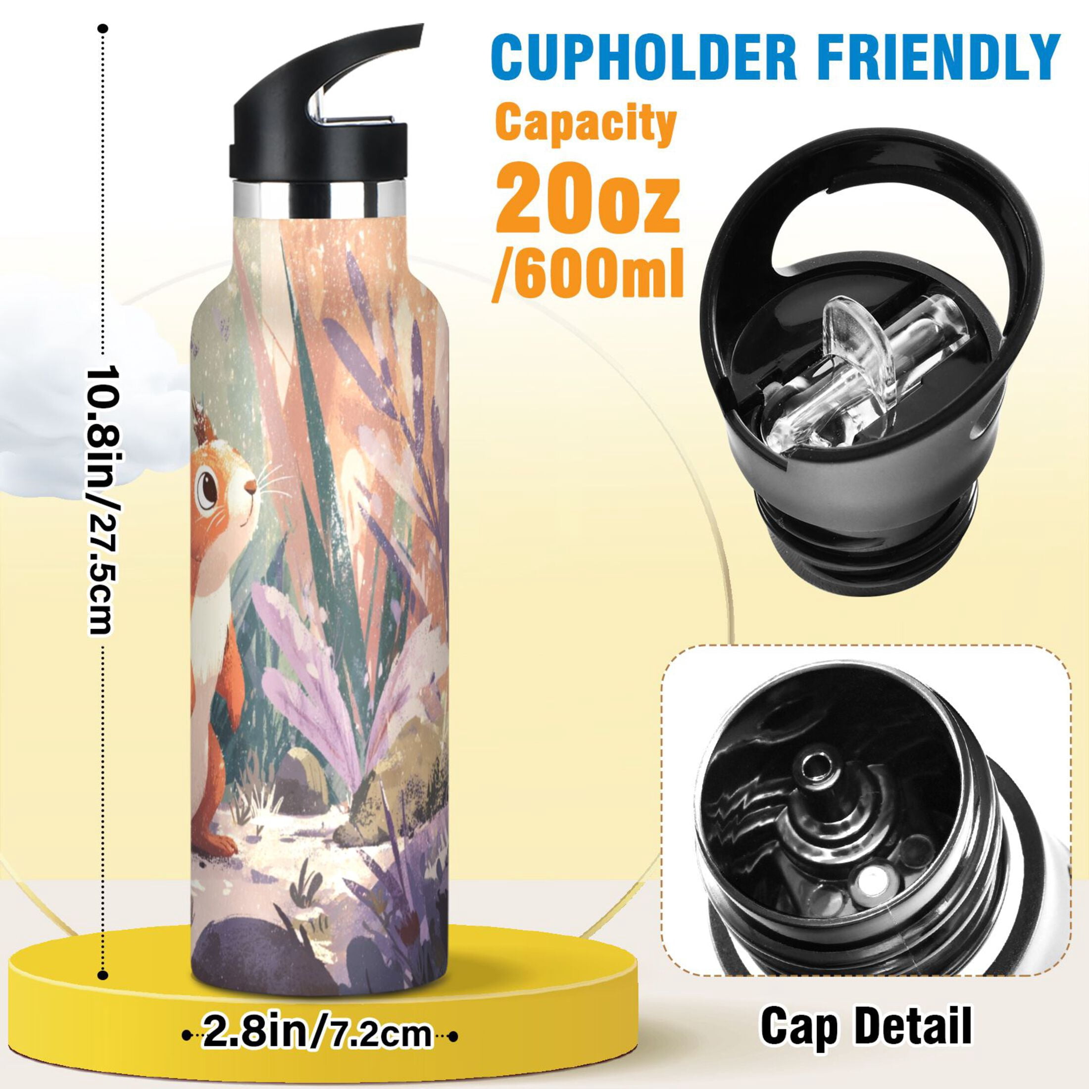 Kids Insulated Stainless Steel Sports Water Bottle 600ml Cute Little Squirrel