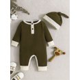 thumbnail image 2 of Infant Baby Girls Boys Rompers Patchwork Crew Neck Long Sleeve Jumpsuits Bodysuits with Hat, 2 of 7