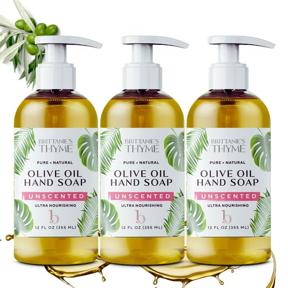 Jabón de manos natural orgánico Brittanie's Thyme - Paquete de 3 (sin perfume) de 12 oz Jabón de Castilla elaborado con aceite de oliva y aceites esenciales naturales de lujo. Vegano y sin gluten