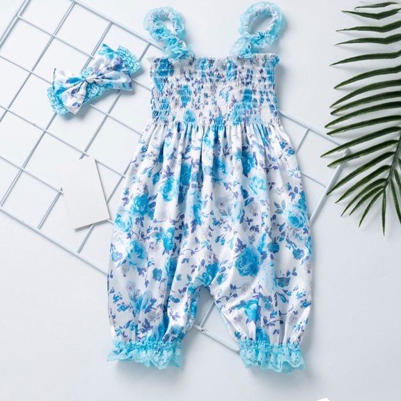 ATOGUTA Girls Overalls Size 0-24M Baby Sleeveless Loose Romper Summer Outfits with Headband Blue