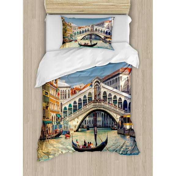 Venice Duvet Cover Set Twin Size, Cityscape on a Sunny Day with Rialto Bridge Venetian Grand Canal Travel Destination, Decorative 2 Piece Bedding Set with 1 Pillow Sham, Multicolor, by Ambesonne