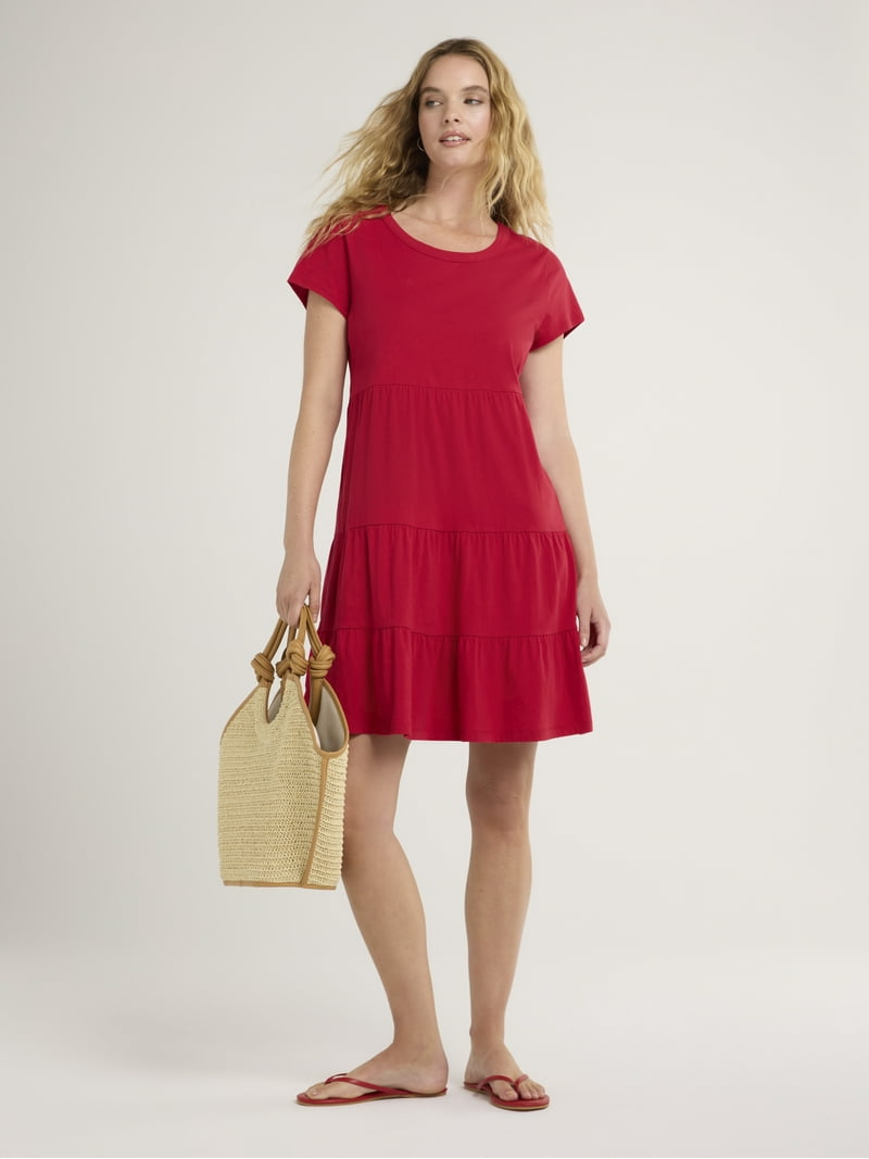 Time and Tru Women's Tiered Cotton Knit Dress XS to XXXL, Knee Length,  Short Sleeve, Swing Silhouette - Walmart.com