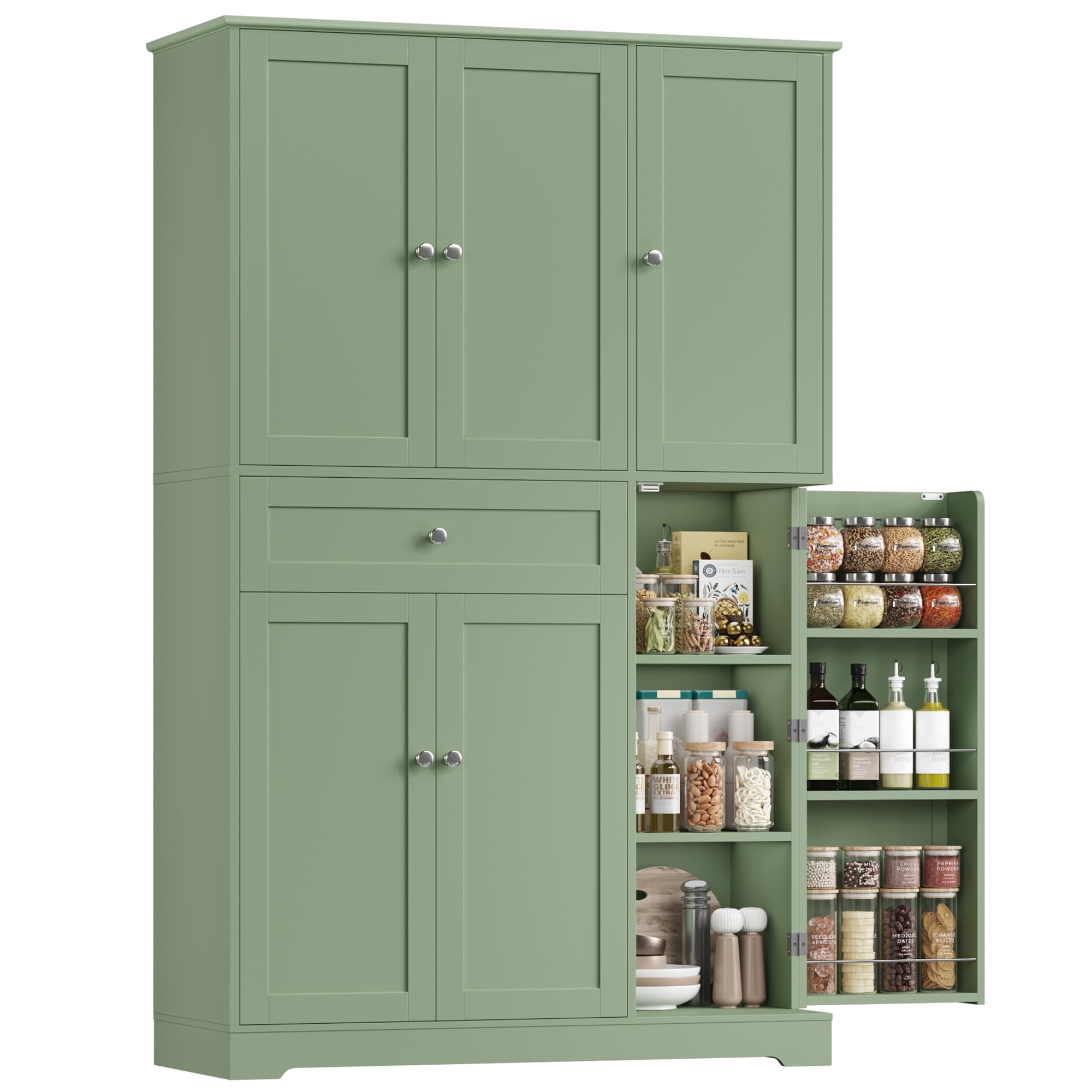 Homfa Kitchen Pantry Storage Cabinet, 68" Food Pantry Cabinet with Drawer and Door Shelf, 6 Door Freestanding Cupboard Buffet for Dining Room, Green