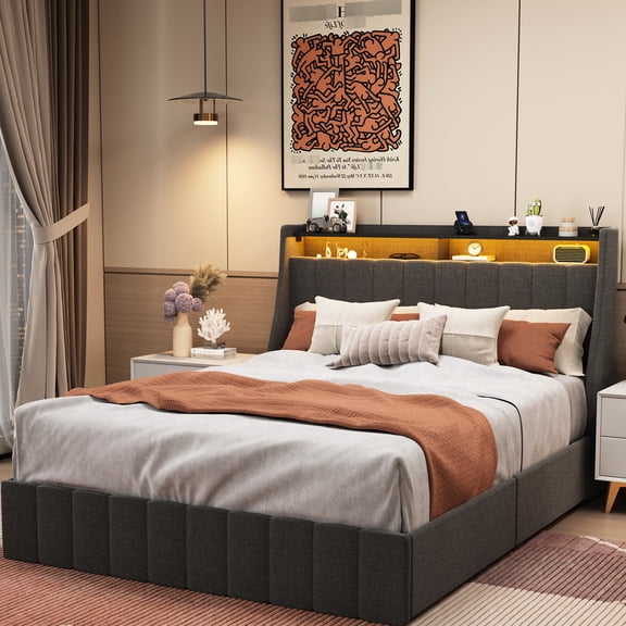 Led Decorated Queen Bed Frame With 4 Storage Drawers - Dark Grey Queen-size & Drawer Storages Bedroom