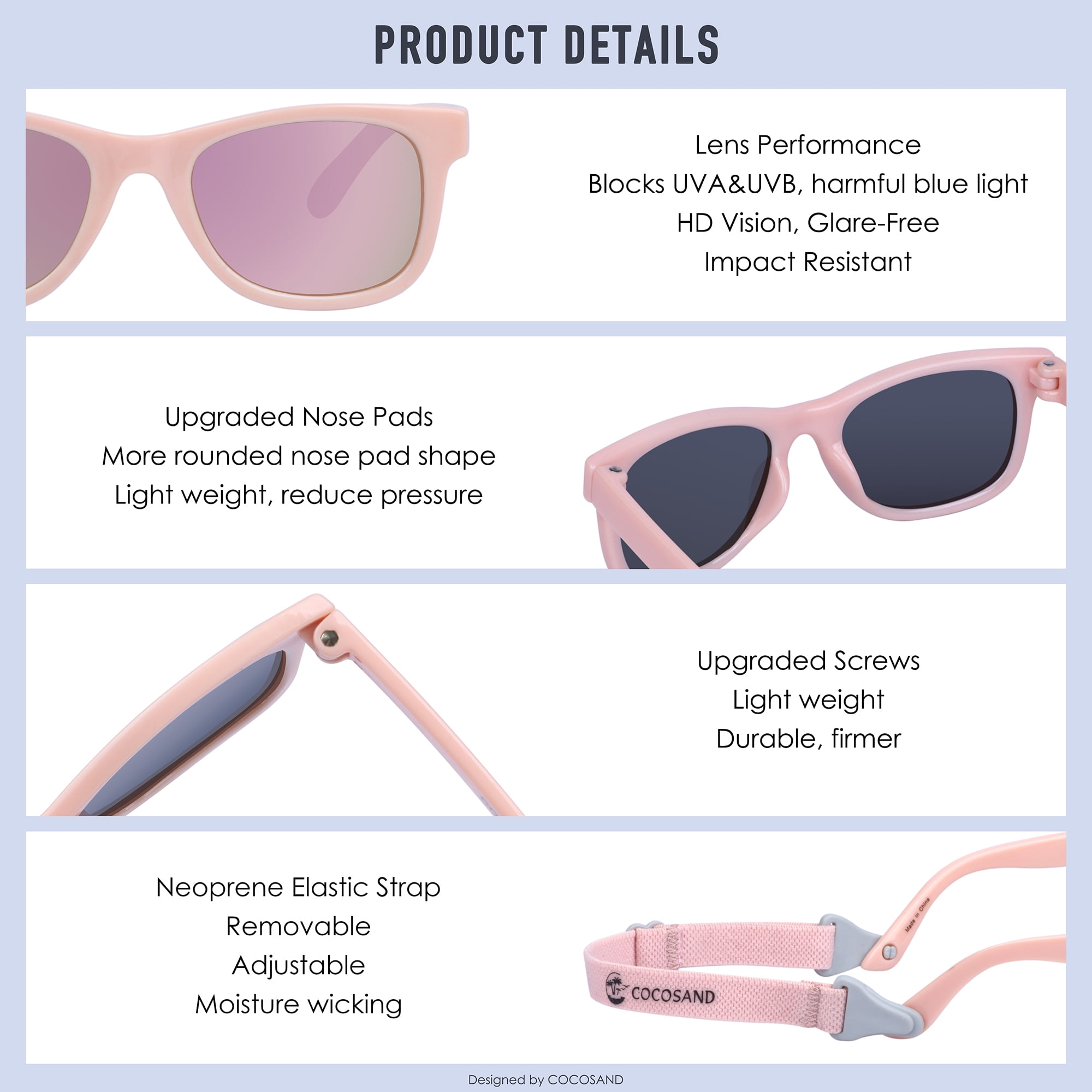 COCOSAND Baby Sunglasses with Strap Classic Square Frame UV400 for Infant Toddler Boys Girls Age 0-24 Months , 2-Pack
