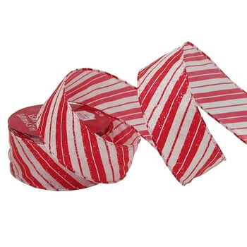 Holiday Time Fabric Ribbon, Red/White Stripe with Full Print Glitter, 1.5"/15'