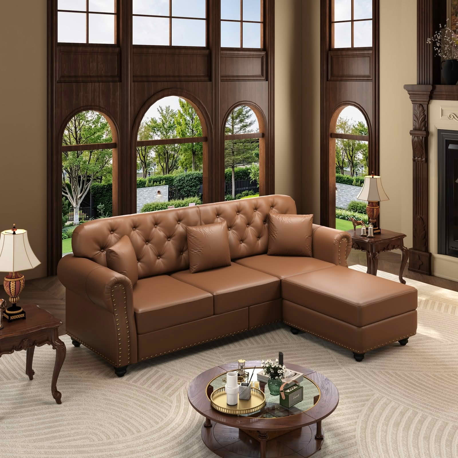 MAYEERTY 82.6" Upholstered Faux Leather 3‑Seater Chesterfield Sofa, Mid‑Century Modern Couch with Button Tufted, Nailhead Trim & Rolled Armrests, Includes 3 Pillows