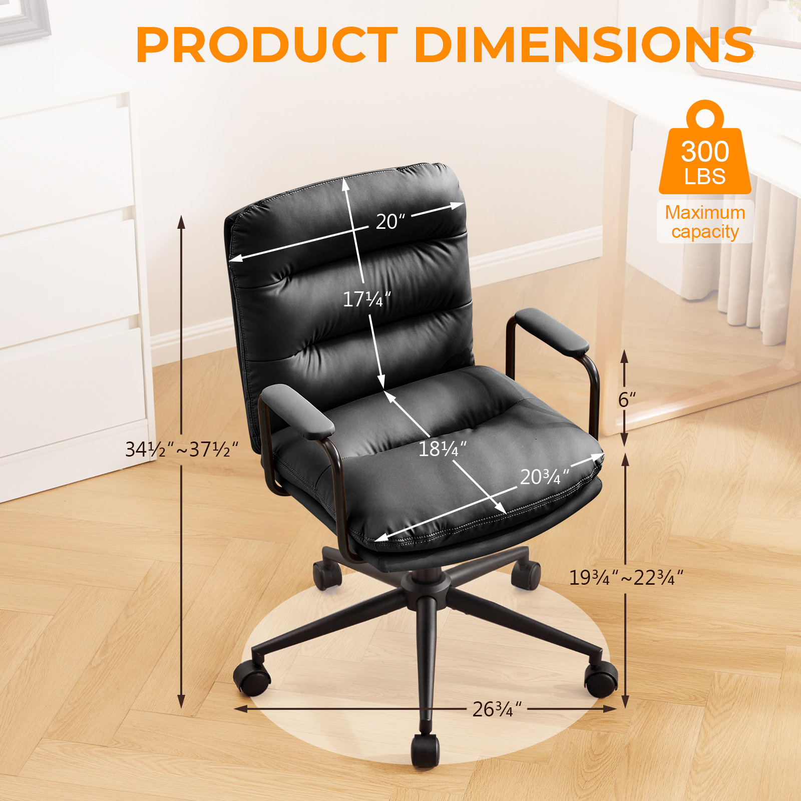 Falvinoryn Modern Office Chair, High Back Ergonomic Task Chair with Padded Armrests and Double Cushion, Swivel Home Office Desk Chair, Faux Leather Executive Armchair for Home, Bedroom (Black)