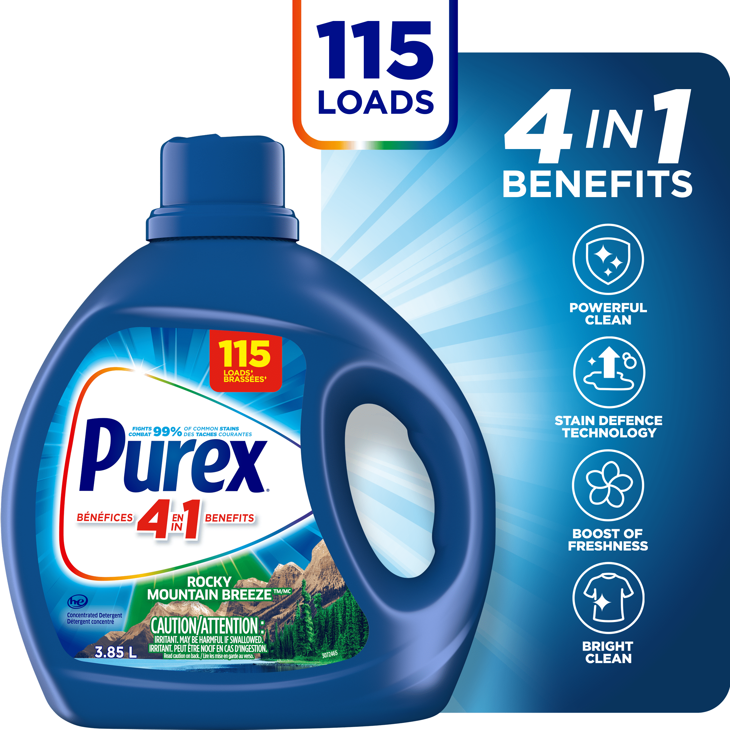Détergent à lessive liquide concentré avec bénéfices 4-en-1, Purex Rocky Mountain Breeze, puissant contre les taches, ravive les vêtements, 3,85 l, 115 brassées, compatible avec les laveuses HE