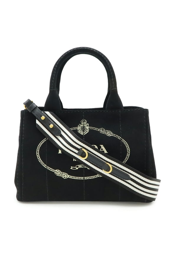 Pre-Owned PRADA CANAPA Tote Bag, Shoulder Striped Canvas, Nero, Black, 1BG439 (Good)