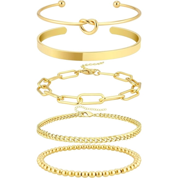 5-Piece Hypoallergenic Bracelets Stack, 18K Gold Plated Cuff Bangles Set, Tarnish-Resistant Jewelry for Women Daily Wear Shower