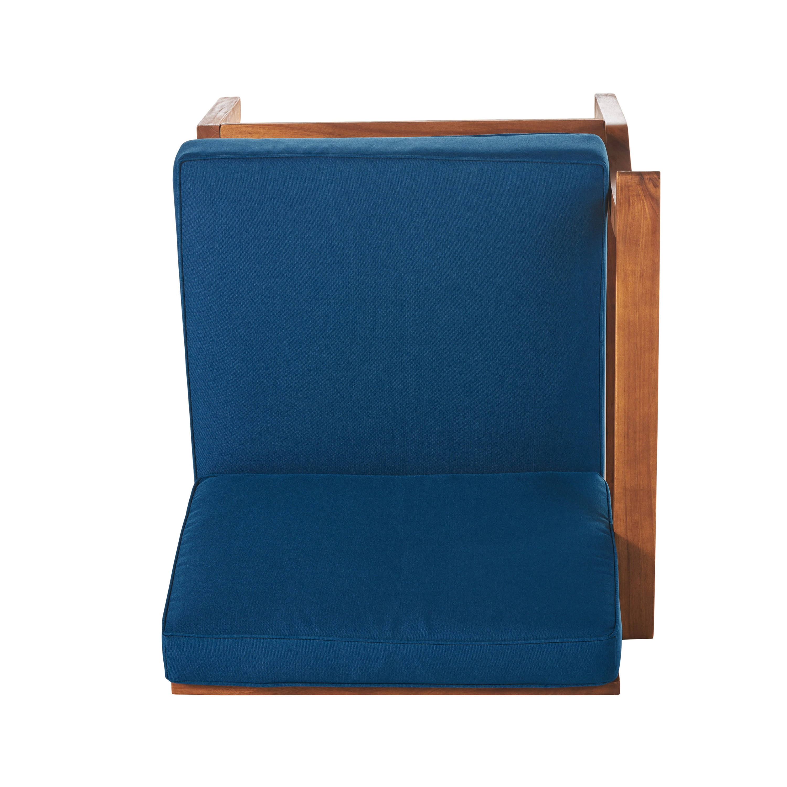 Peacock Outdoor 8 Seater Finished Acacia Wood Double Sofa and Club Chair Set with Cushions, Teak, Blue