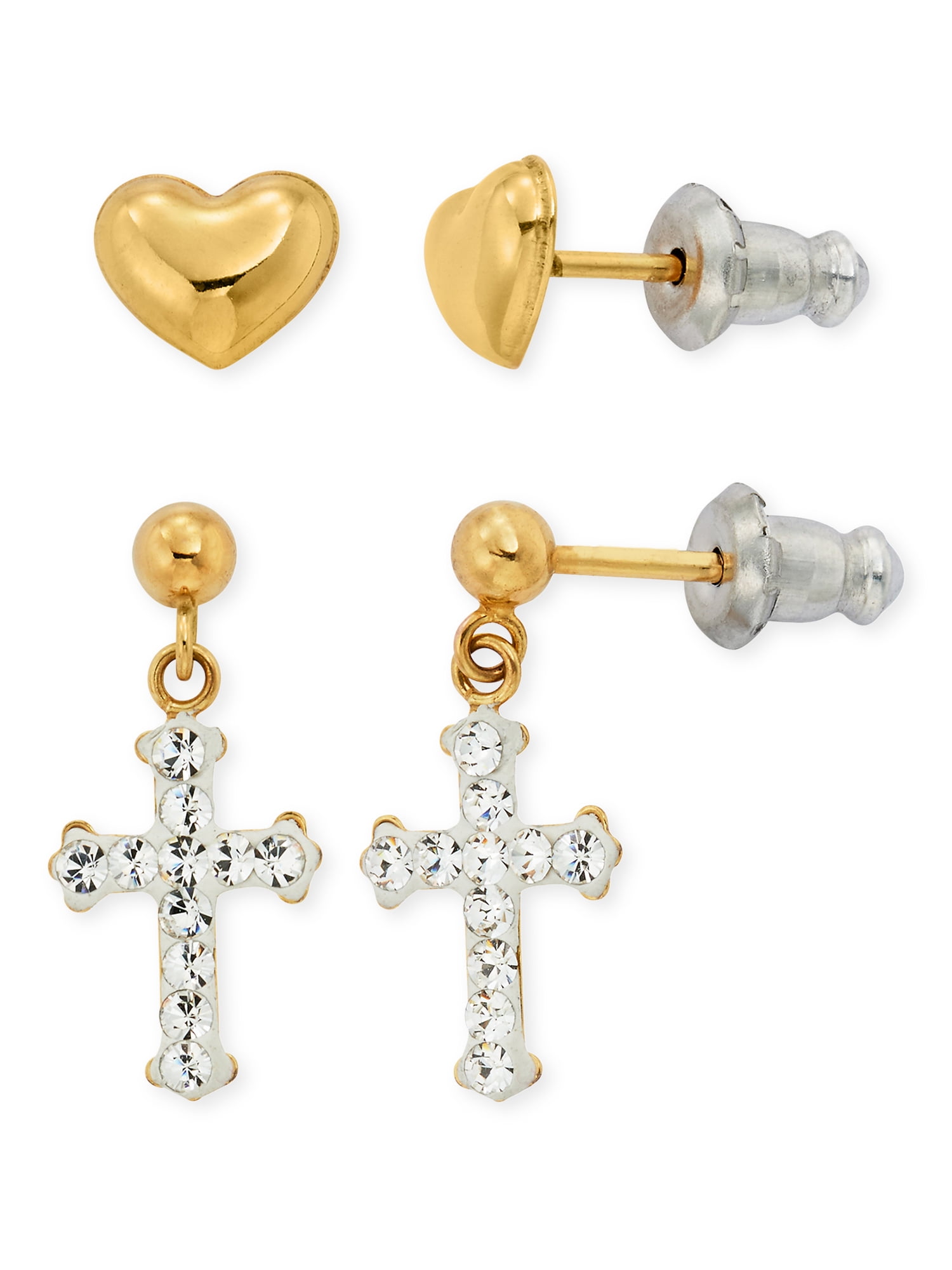 Brilliance Fine Jewelry 14K Gold Plated Sterling Silver Crystal Cross and Heart Studs Children’s Earrings Set