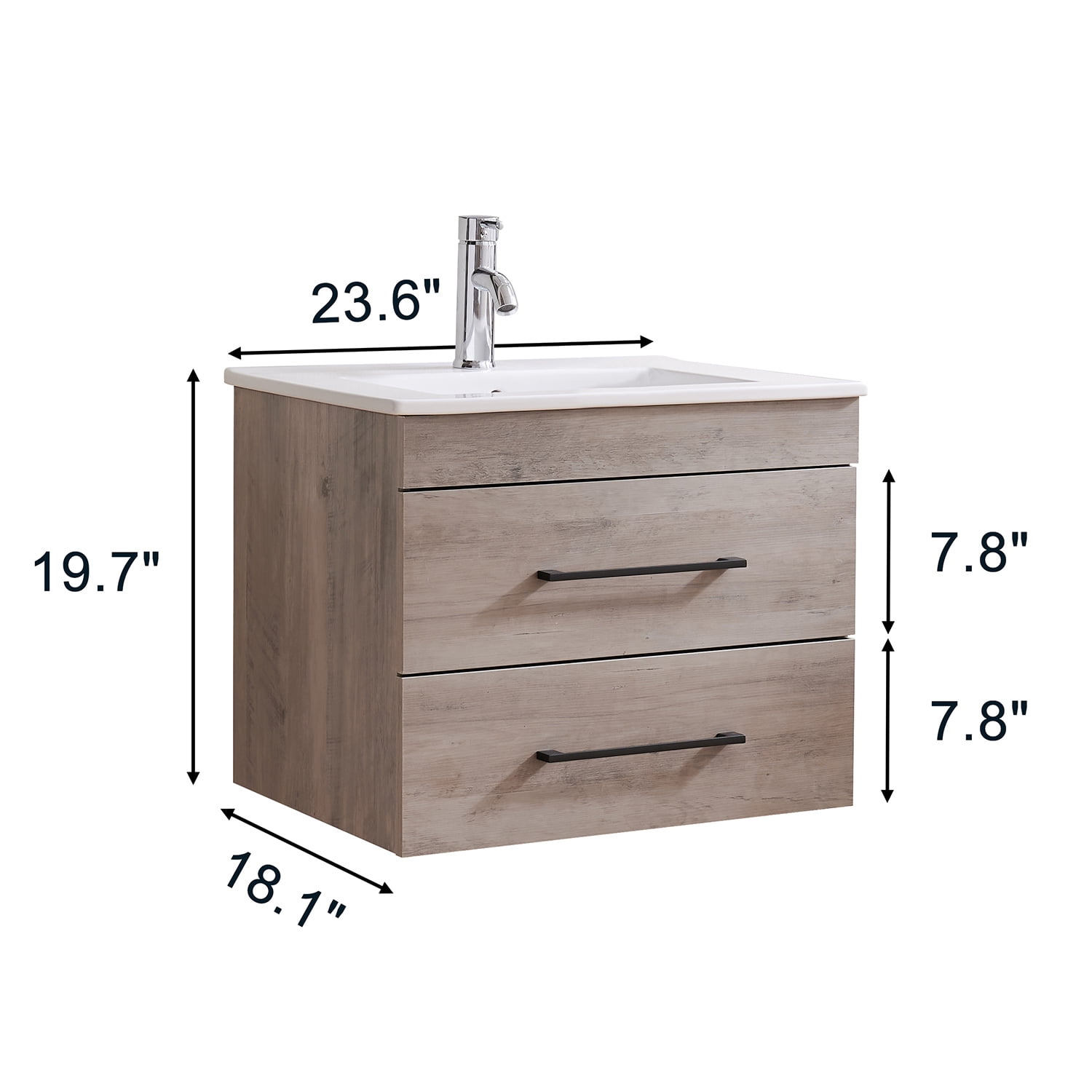 Demi Bonn 24" Wood Grain Wall-Mounted Bathroom Vanity with Ceramic Sink and 2 Soft-Close Drawers, Faucets and Drains Not Included, Gray