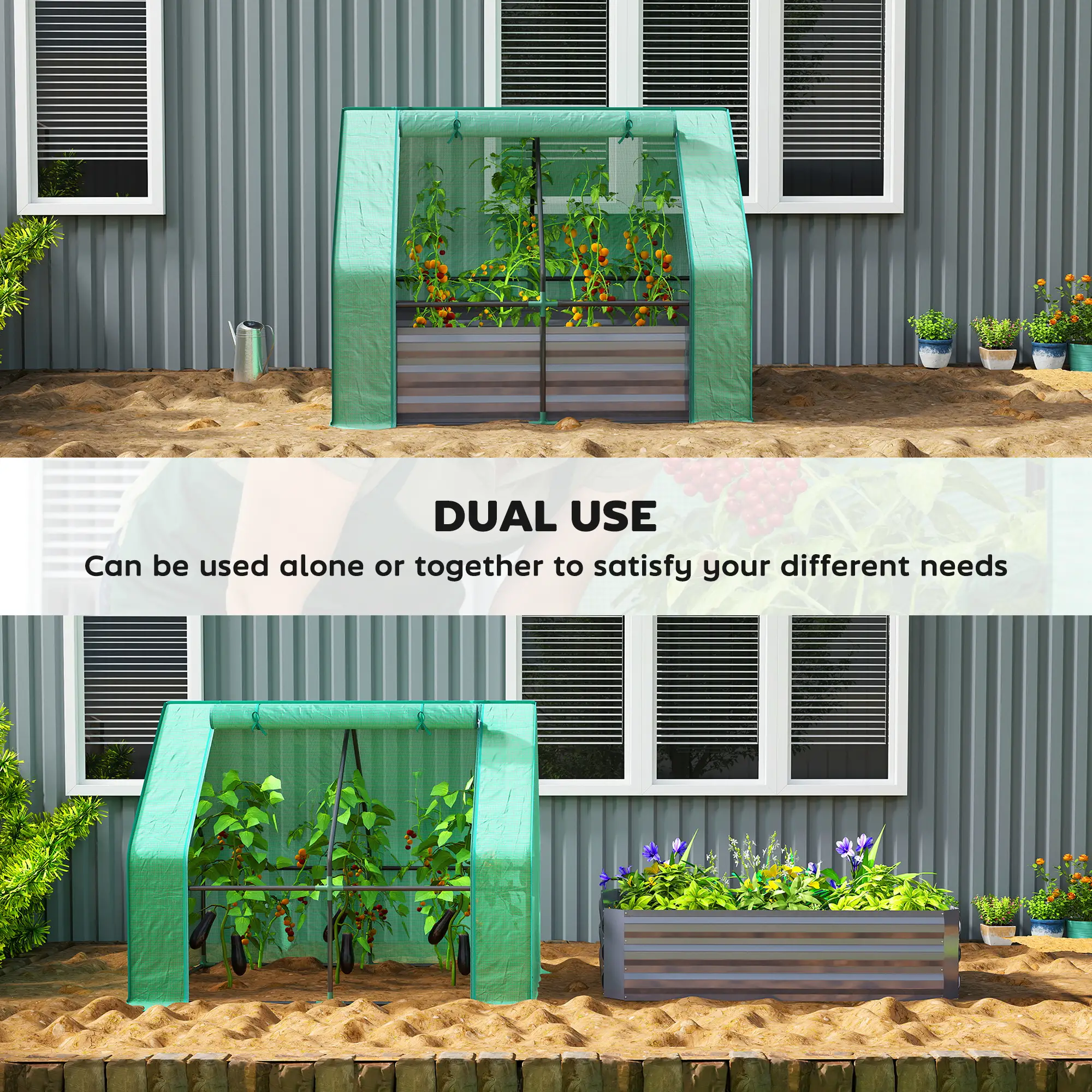 Raised Garden Bed with Mini Greenhouse Combo, Roll-Up Window, Windproof Design, Open Bottom Drainage, 2-Section Planting Area for Outdoor Garden