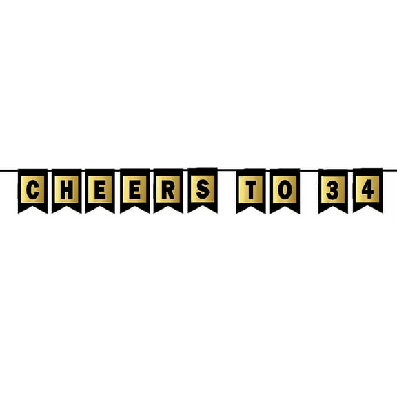 Cheers 34th Brithday Anniversary Black & Mettalic Gold Handing Party Wall Decoration Bunting Banner
