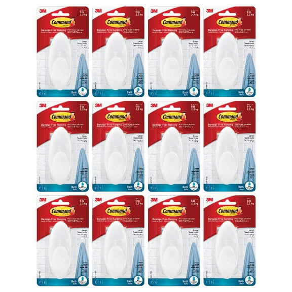 Command Bath Large Towel Hook Frosted Plastic - Wall Mount, Self-Adhesive - 12 Pack