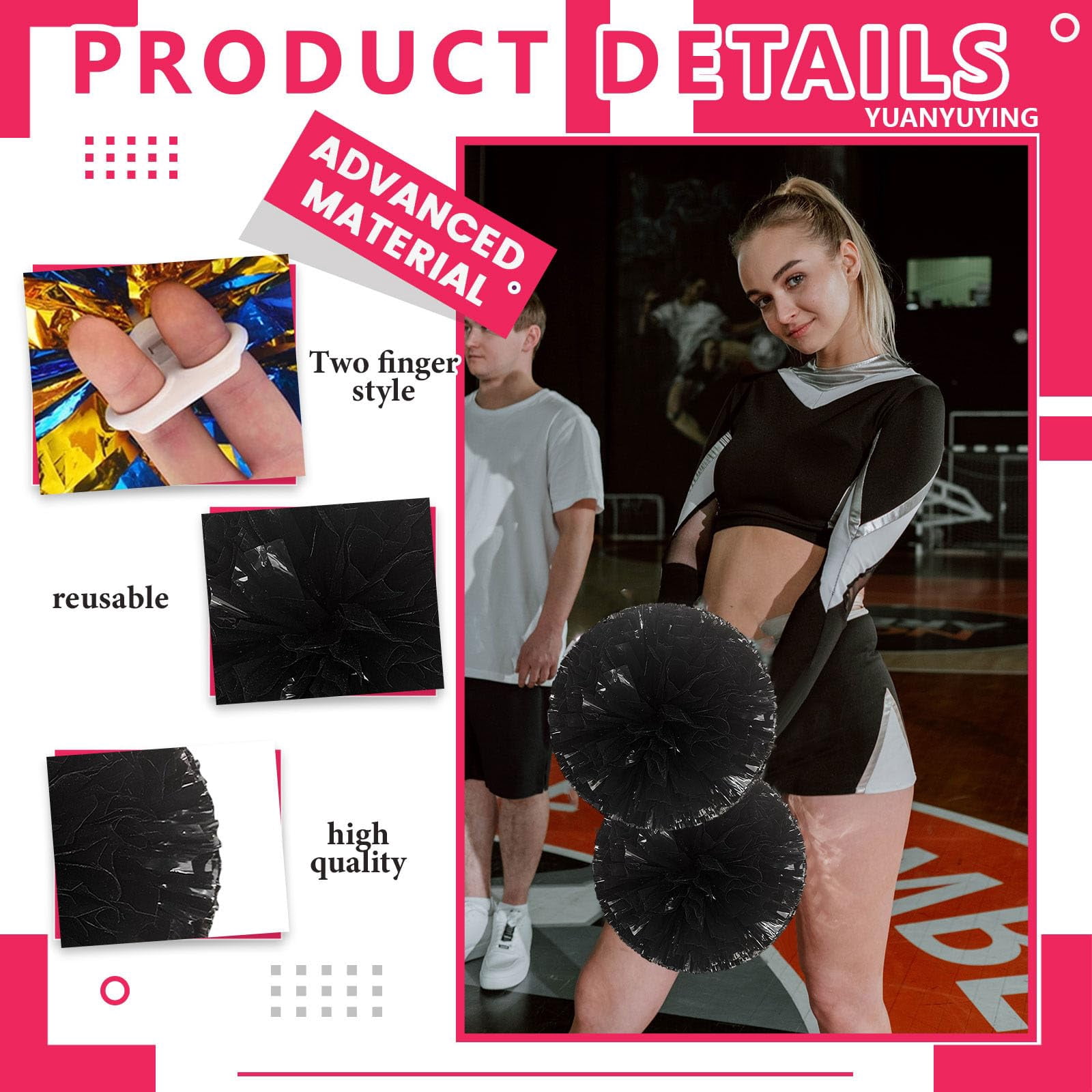 8 Pcs Cheerleading Pom Poms, Cheerleader Pompoms with Finger Holes,Fit for Team Spirit Sports Dance Cheering (Black)