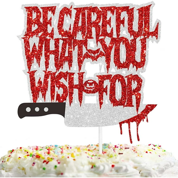 Be Careful What You Wish for Halloween Zombie Killer Cake Topper Red Glitter Knife Fantasy Horror Theme Decorations Boys Girls Woman Man Happy Birthday Party Decor Supplies - -