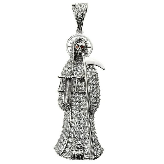 La Santa Muerte Pendant Holy Death Iced Micro Pave Bling Silver Tone Charm 3.5" inch