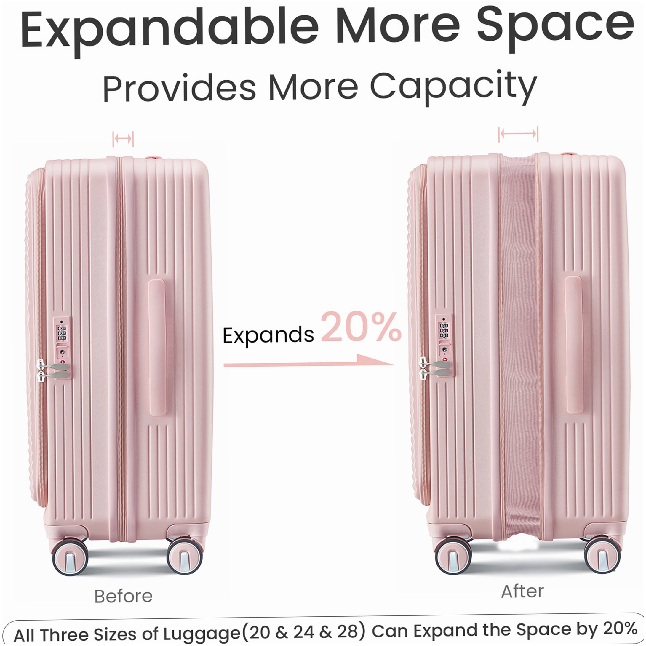 Airline Approved Pink PC Luggage Set 20/24/28, Lightweight Expandable Suitcase with TSA Lock
