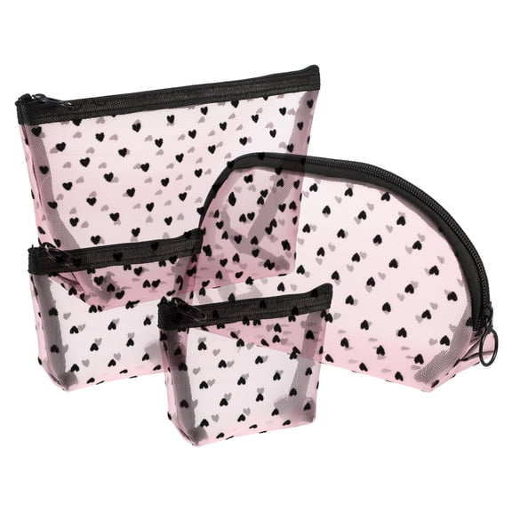 Unique Bargains 4 Pcs Heart Shape Print Mesh Makeup Bag Mesh Bags with Zipper Make Up Bags for Women Pink