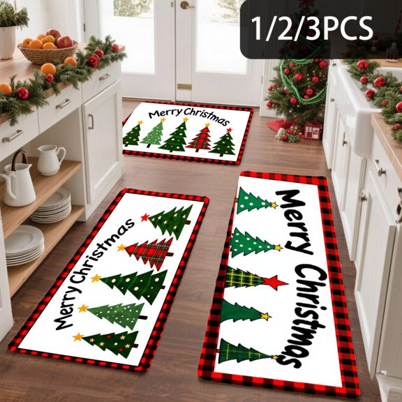 3PCS Kitchen Mat set, Welcome Door Flannel Rug,Home Decor for Front Door,Kitchen, Bathroom, Merry Christmas Trees Red And Green Pattern ,Great Thanksgiving Day
