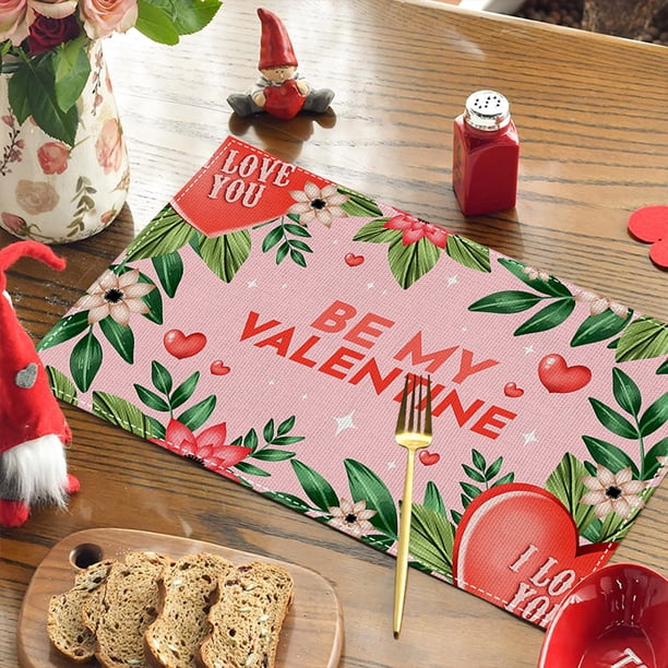 Juego de 4 manteles individuales para San Valentín, resistentes al calor, con estampado de lino, para una cena romántica a la luz de las velas, 45,7 x 30,5 cm.