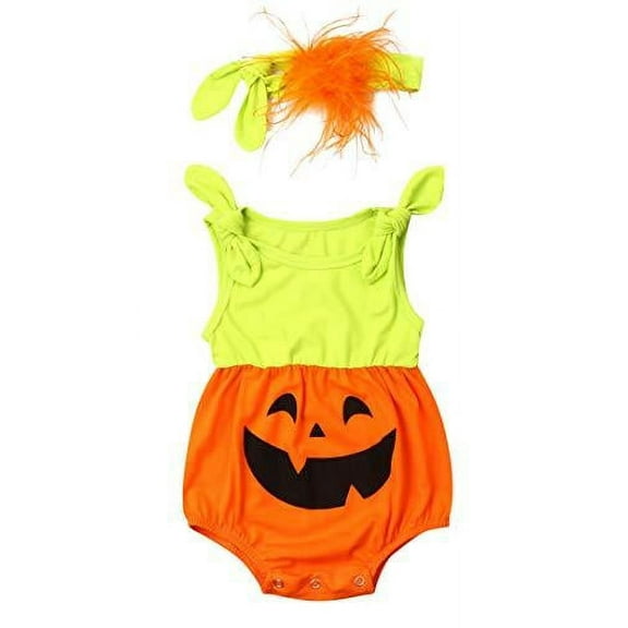 Infant Baby Girls Pumpkin Face Sleeveless Cotton Romper with Headband and Shoulder Ties 4pcs Halloween Outfit