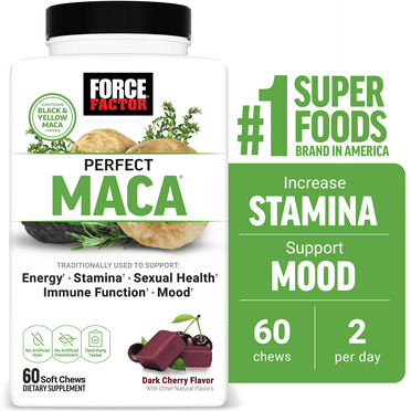 Force Factor Perfect Maca, Black & Yellow Maca Root Supplement with DIM & Saffron for Energy, Mood, & Hormone Balance, Dark Cherry, 60 Soft Chews