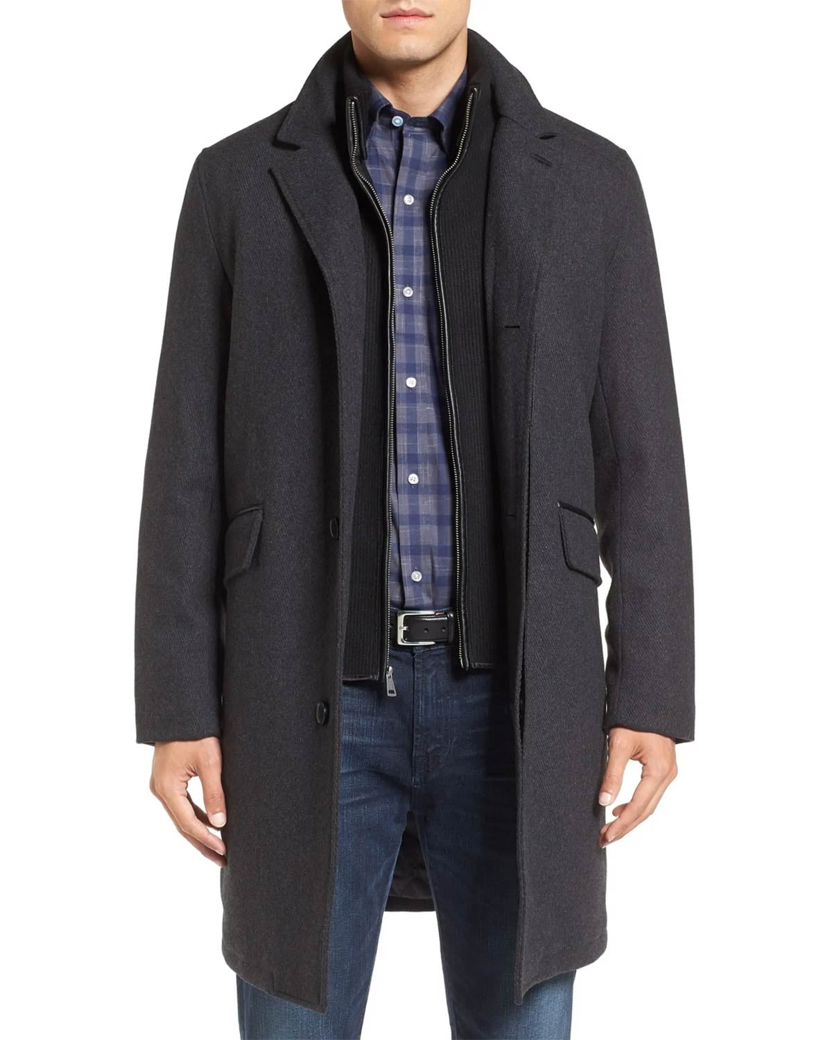 cole haan wool blend leather trim rib knit inset coat