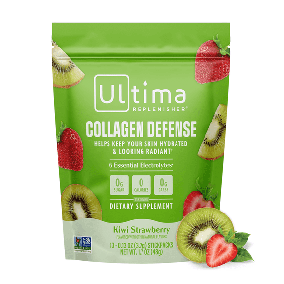 Ultima Replenisher Collagen Defense Supplement and Electrolytes Powder - Kiwi Strawberry, 13 Stickpacks - Hydration Packets with Dermaval and Biotin that Keep Your Skin Hydrated and Looking Radiant