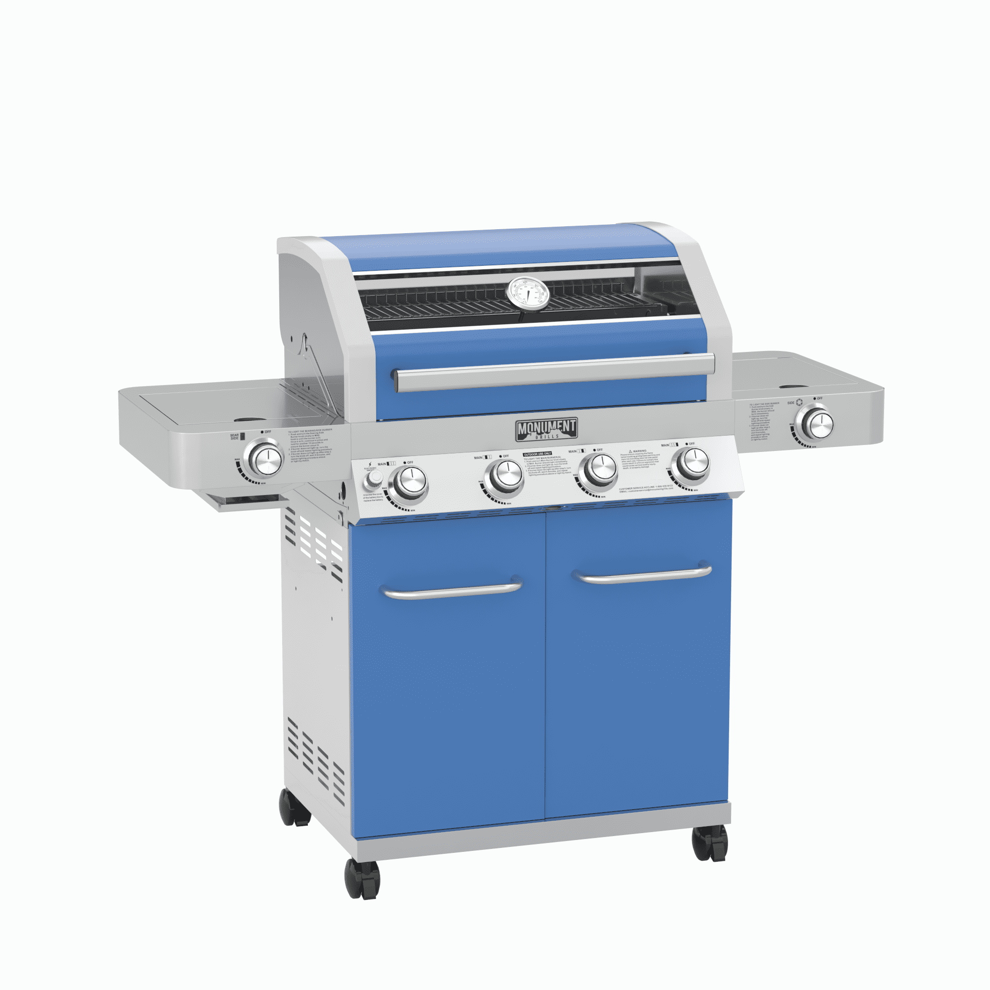 Monument Grills Stainless Steel 4 Burner Propane Gas Grill with Clearview® Lid, Infrared Side Sear Burner & Side Burner