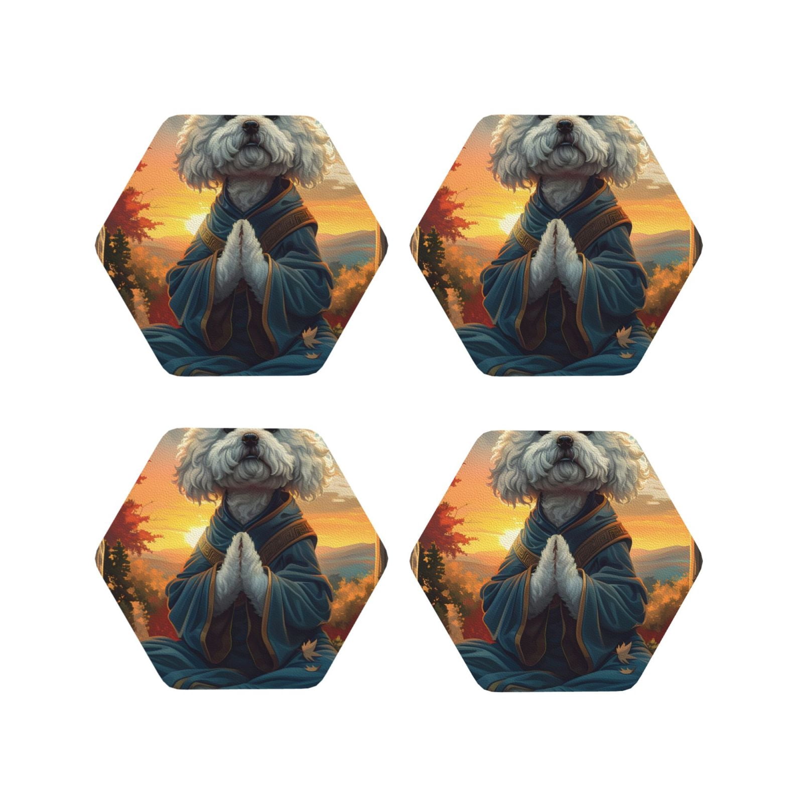 Junzan Sunset Meditating Bichon Frise Print Coasters for Drinks - Leather Coasters Set of 4 for Coffee Table for Housewarming/Kitchen/Bar/Decor -Hexagon