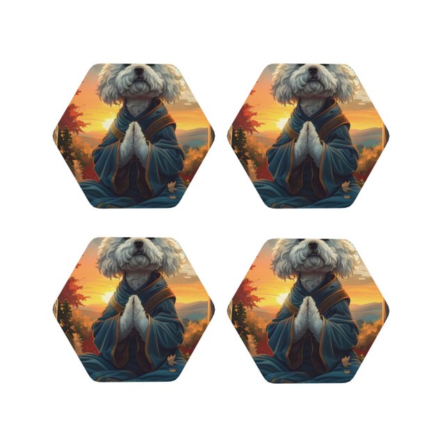 Junzan Sunset Meditating Bichon Frise Print Coasters for Drinks - Leather Coasters Set of 4 for Coffee Table for Housewarming/Kitchen/Bar/Decor -Hexagon