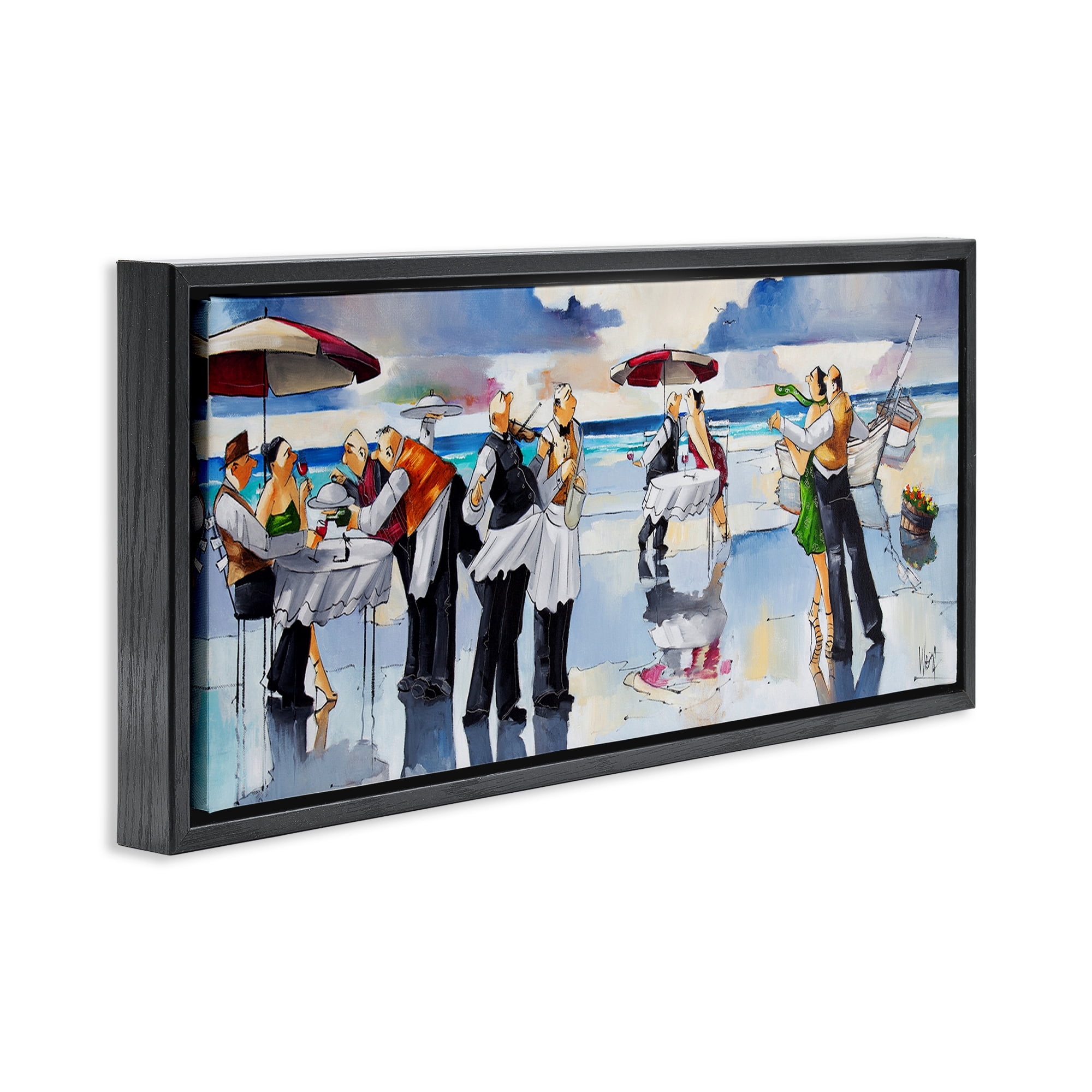 Stupell Industries Fancy Dinner on Beach Novelty Painting Black Floater Framed Canvas Art Print Wall Art, 31 x 14