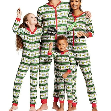 

FOCUSNORM Family Matching Christmas Pajamas Set Women Kids Green Stripe Onesies Sleepwear Xmas Nightwear Suit