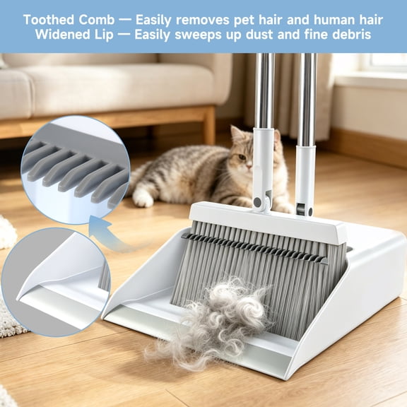 Broom and Dustpan Set,Teeth Clean Hair Long Adjustable Handle Broom Dustpan Combo for Home Kitchen Office,White