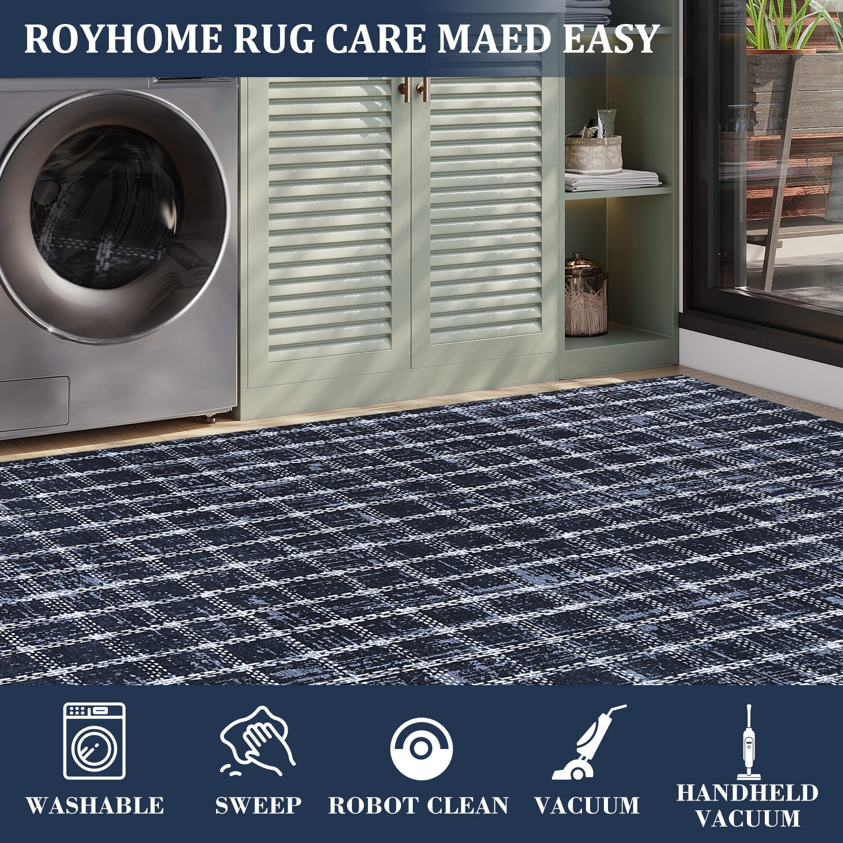 HOMERRY Plaid Print Non Slip Area Rug 8' x 10' for Living Room Washable Indoor Carpet, Blue