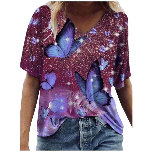 Camiseta de manga corta suelta con cuello en V y estampado informal a la moda para mujer Pompotops hkajfhjk468592