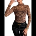 thumbnail image 3 of Blusa de Larga con Encaje de para Mujer, Transparente, con Cuello Alto, Ideal para Fiestas y Clubes Nocturnos Café M, 3 of 10