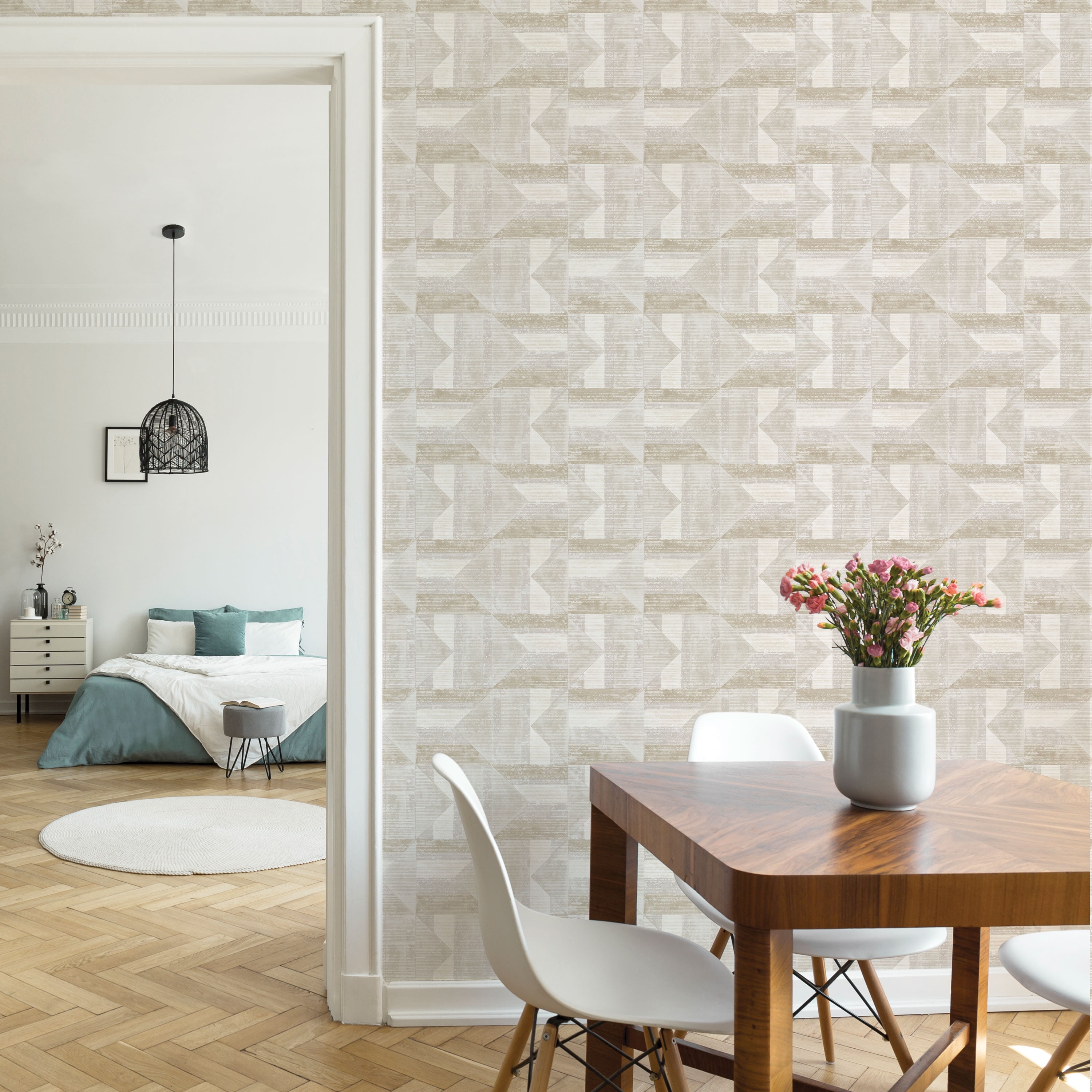 Tempaper Quilted Patchwork Ash & Stone Peel and Stick Wallpaper, 20.5" x 16.5'
