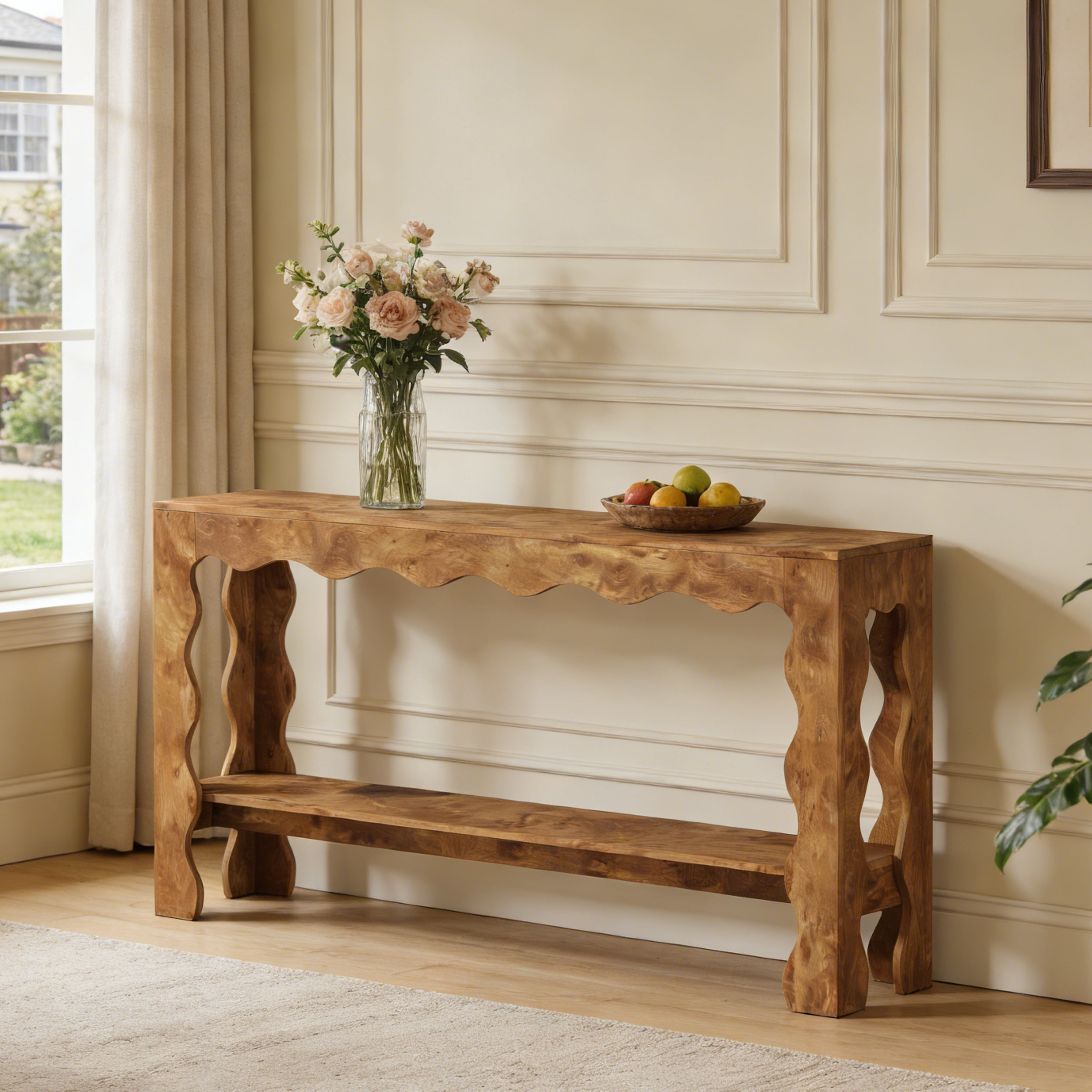 Fnova 63" Farmhouse Console Table with 2-Tier Storage Shelf, Scallop Design Entryway Table, Narrow Sofa Table for Living Room, Hallway, Foyer