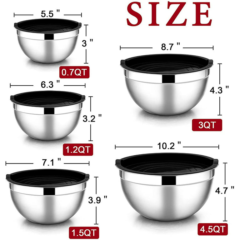Mixing Bowls with Lids Set of 5, VeSteel Stainless Steel Mixing Bowls Metal  Nesting Bowls with Airtight Lids for Cooking, Baking, Serving 