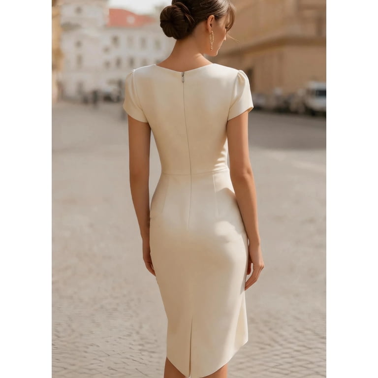 midi formal dress for women office wear 2026 Elegant Cowl Neck Sheath Women, Short Sleeve Ruched Waist Pencil Dress, Cocktail & Goddess fairy wedding dress