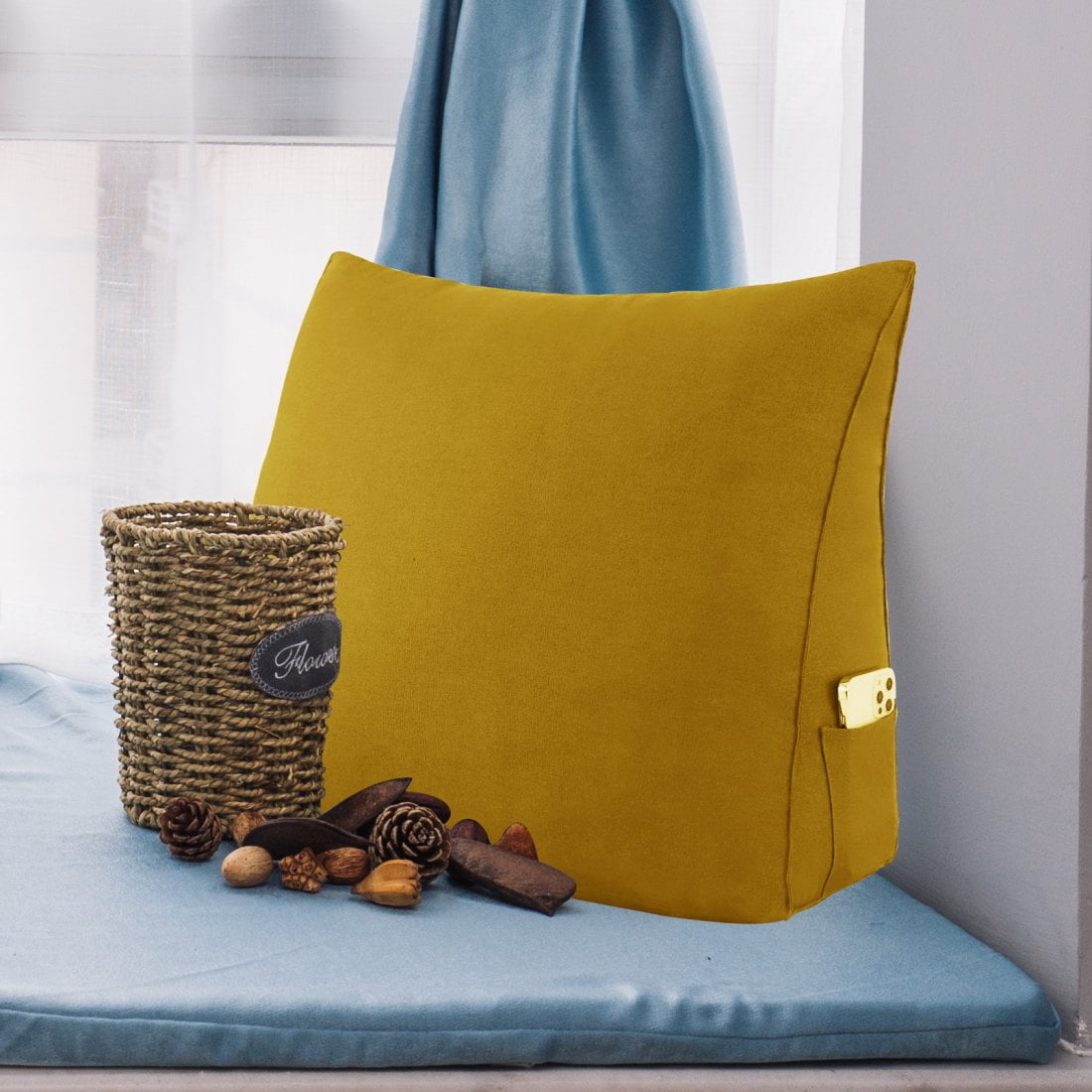 WOWMAX Linen PP-Cotton Filled Triangular Wedge Pillow Positioning Support Reading Backrest Cushion for Sofa Bed Day Bed and Upholstered Headboard with Removable and Washable Cover Yellow 23.5 Inches