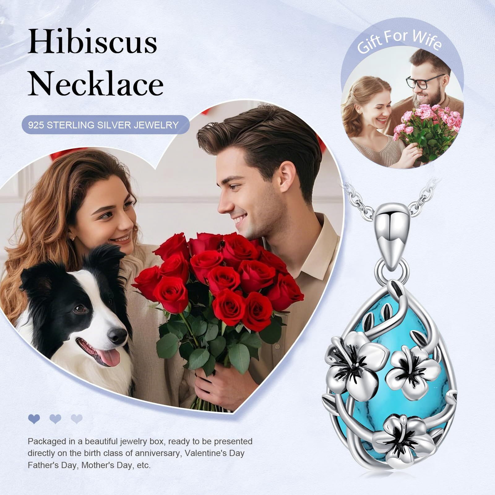 Coachuhhar Hibiscus Necklace 925 Sterling Silver Turquoise Hawaii Flower Pendant Necklace Hawaiian Jewelry Gifts Christmas for Women Mother Wife