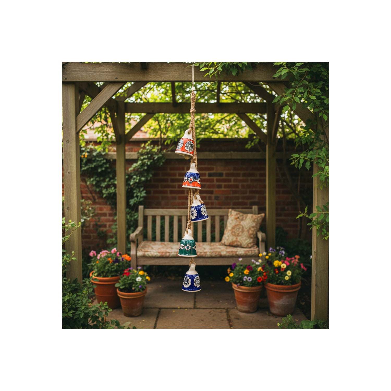 Modern Ceramic Cluster Bells for Garden Decor - Decorative Outdoor Wind Chimes for Patio, Porch, or Tree Branch - Outside Home Decoration for Window or Backyard Accent - 37", Blue & Green