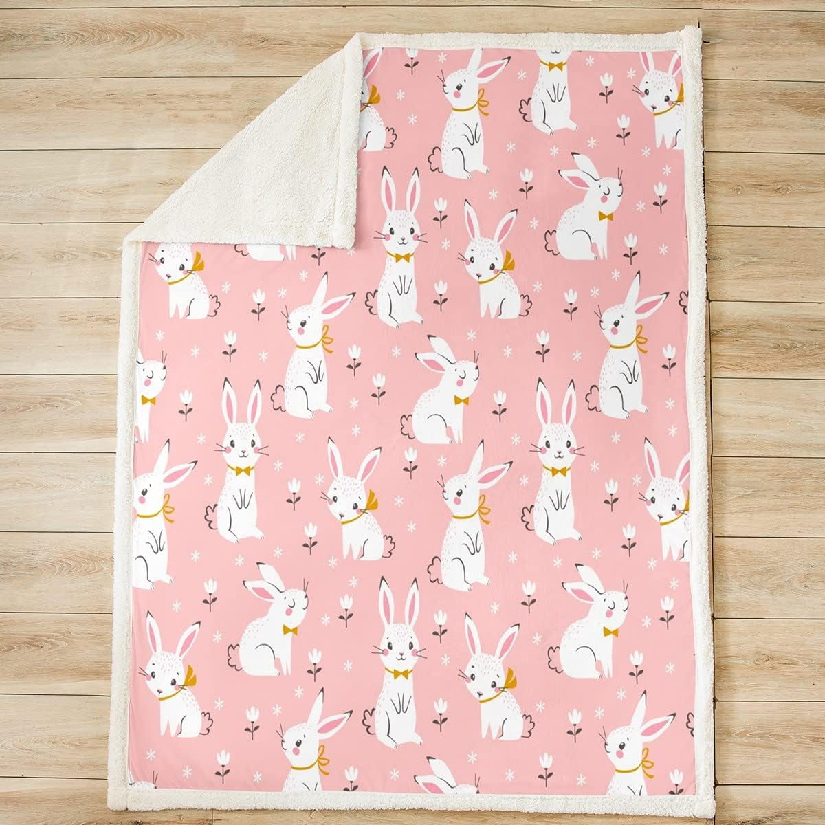 Cute Rabbit Plush Blanket Cartoon Bunny Pink Sherpa Blanket Boys Girls Lovely Little Floral Rabbit Decor Fleece Throw Blanket Botanical Animal Fuzzy Blanket for Sofa Bed Couch,Throw 50x60 Inches